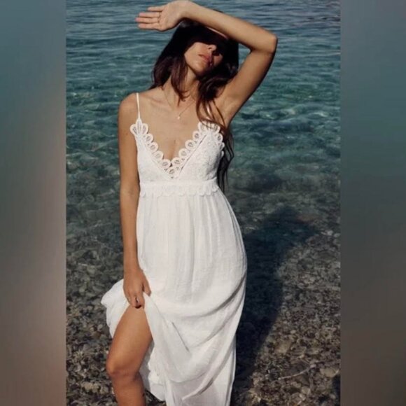 Zara Strappy Guipure Maxi Lace Dress XS Womans White V-neck Low Back Beach Boho - Picture 1 of 14